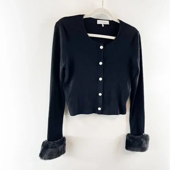 Wayf Long Sleeve Button Front Cropped Cardigan with Faux Fur Cuffs Black Medium - Picture 6 of 9